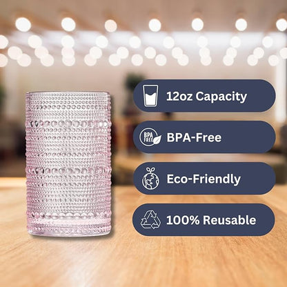 Khen Hobnail Beaded Highball Drinking Tumbler Glasses | Set of 6 | Pastel Pink - Image 3
