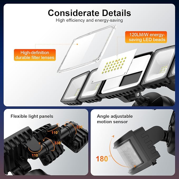 Onforu 7000LM 70W Motion Sensor Outdoor Lights, 5 Head Flood Lights Outdoor - Image 6