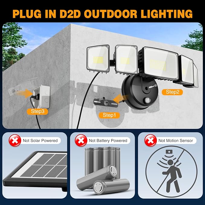 Onforu 150W 15000LM Dusk to Dawn Outdoor Lighting, 5 Heads Plug in Flood Lights - Image 2