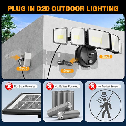 Onforu 150W 15000LM Dusk to Dawn Outdoor Lighting, 5 Heads Plug in Flood Lights - Image 2