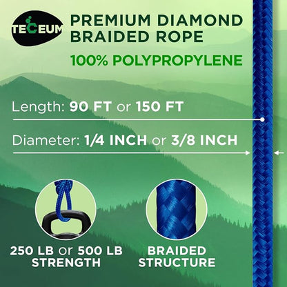 TECEUM Rope – 90 Feet x 1/4 Inch – Blue – Strong All-Purpose Utility Rope – - Image 2