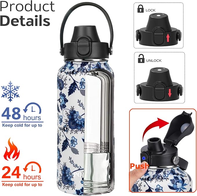 Water Bottle Insulated 32oz 40oz 64oz 128oz Straw Lid Spout Lid & 3 Lids - Image 2