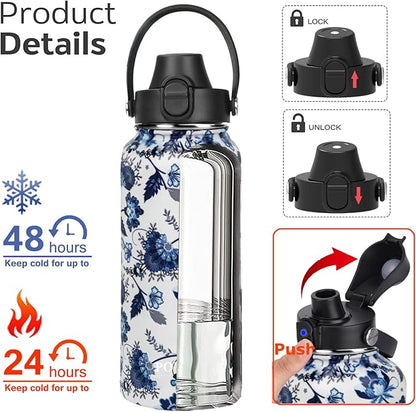 Water Bottle Insulated 32oz 40oz 64oz 128oz Straw Lid Spout Lid & 3 Lids - Image 2