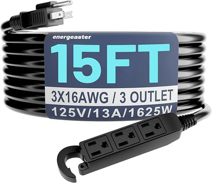 Energeaster 16/3 15 Ft 3 Outlet Extension Cord Outdoor Waterproof, 3 Prong by energeaster