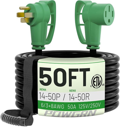 POWGRN NEMA 14-50P to NEMA 14-50R 50 Amp RV/EV Extension Cord 50 FT Outdoor by POWGRN