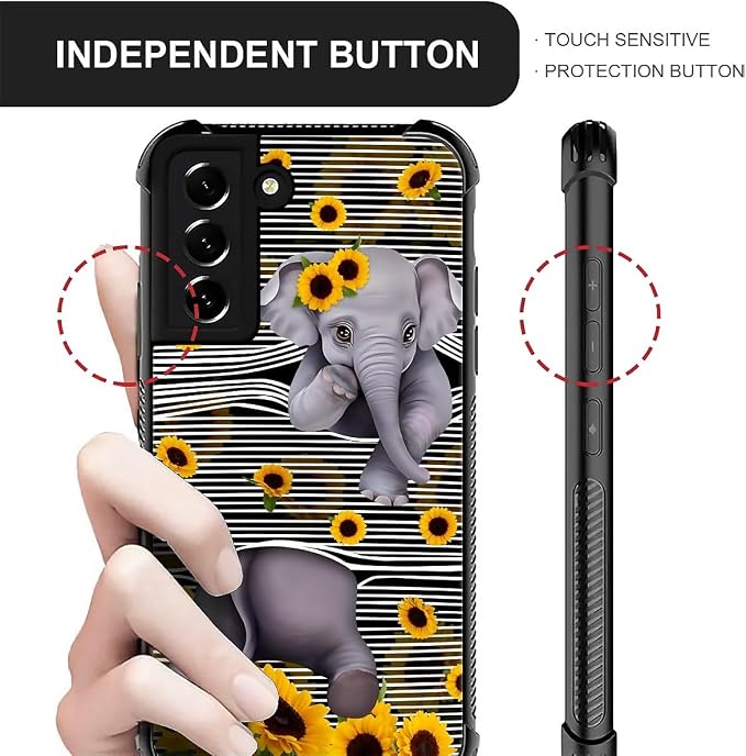 for Samsung Galaxy S21 Plus Case, Cute Little Elephant Sunflower White Line Art - Image 5