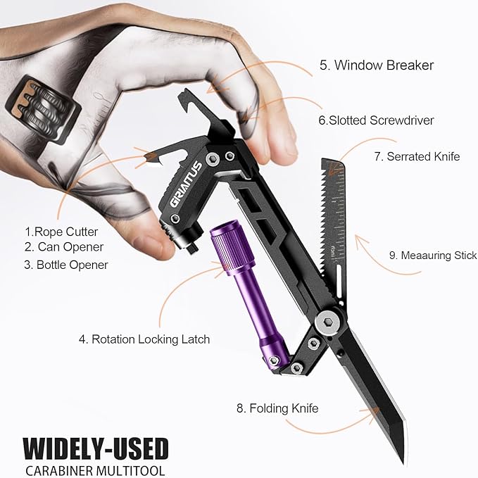 Carabiner Multitool with Pocket Knives, EDC Carabiners, Serrated Knife - Image 2