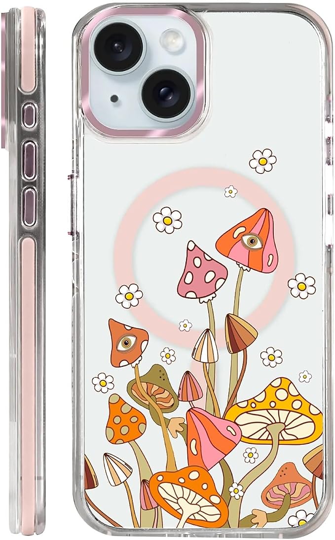 Case for iPhone 15, Retro Mushroom Sunflower Phone Case Design，for Women Girls by Toulas