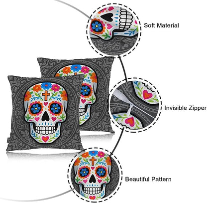 Swono Sugar Skull Set of 2 Square 18x18 Inch Throw Pillow Cover Mexican Day of - Image 7