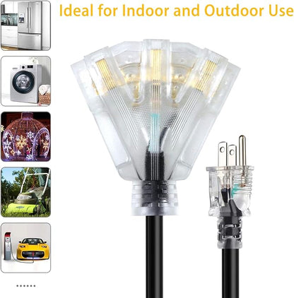 25FT 12/3 Extension Cord Heavy Duty Black 3-Outlet Indoor/Outdoor SJTW Lighted - Image 5