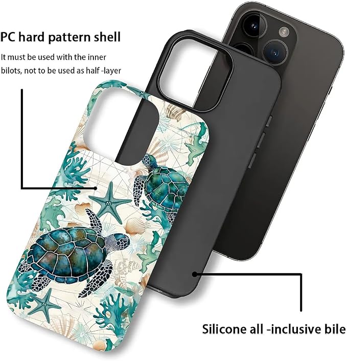 for iPhone 15 Pro Case, HH2 Ocean Sea Turtle Nautical Map Hybrid 2 Layer Hard - Image 3