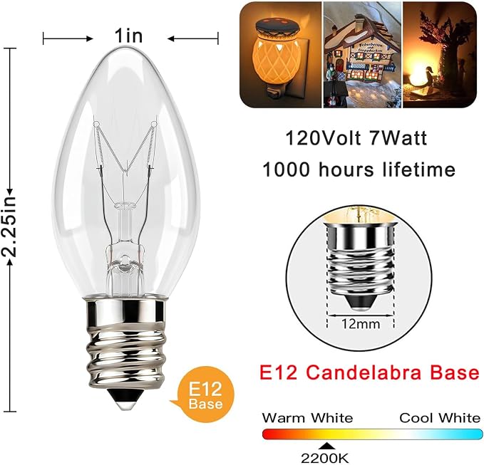 25 Pack C7 Clear Replacement Bulbs, C7 Outdoor Candle Light Bulbs, Night Candle - Image 2