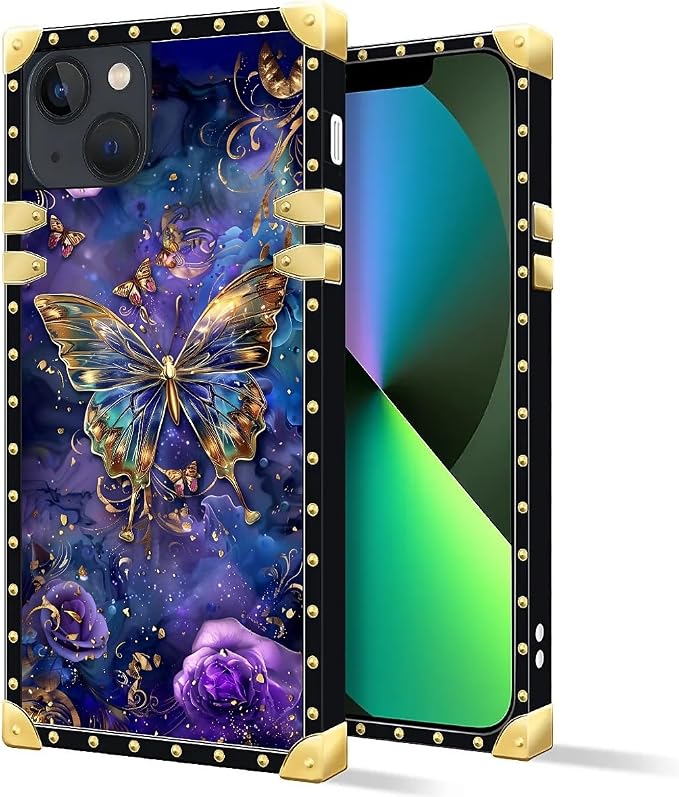 Compatible with iPhone 13 Case, Glistening Golden Butterfly Vibrant Purple Blue - Image 2