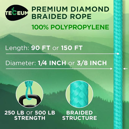 TECEUM Rope – 90 Feet x 3/8 Inch – Green Wave – Strong All-Purpose Utility Rope - Image 2
