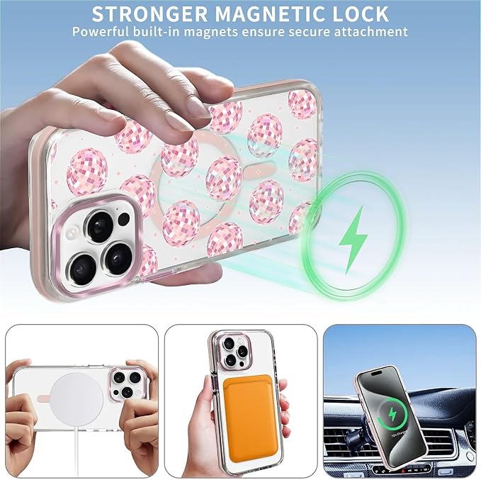 Case for iPhone 15 Pro, Disco Balls Pink Phone Case Design，for Women Girls - Image 3