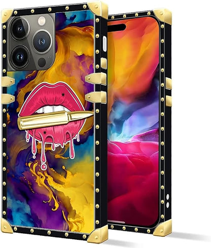 Compatible with iPhone 15 Pro Max Case, Cool Corlorful Lip Marble Luxury Golden - Image 2