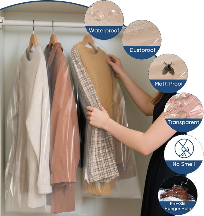50 Pack 23.6"x40" Garment Bags for Hanging Clothes, Thick Clear Plastic Dry - Image 4