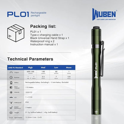 WUBEN PL01 Pen Light, 650 Lumens Pocket EDC Flashlight Rechargeable, Bright LED - Image 9