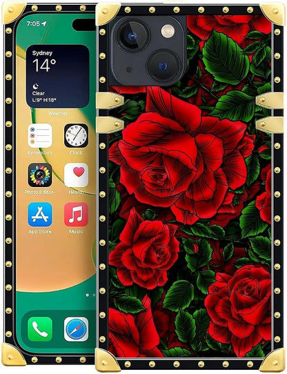 Compatible with iPhone 14 Case, Vector Red Rose Green Leaf Luxury Golden by Unknown