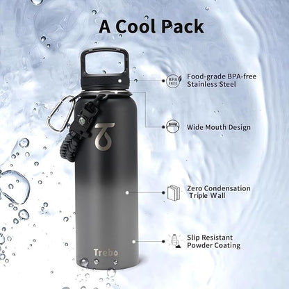 Trebo 40oz Water Bottle with 3 Lid and handle, Vacuum Insulated Stainless Steel - Image 6