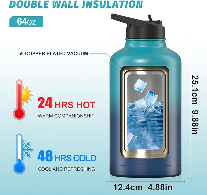 64oz Insulated Water Bottle, BPA Free&Leak Proof, Half Gallon Stainless Steel - Image 2