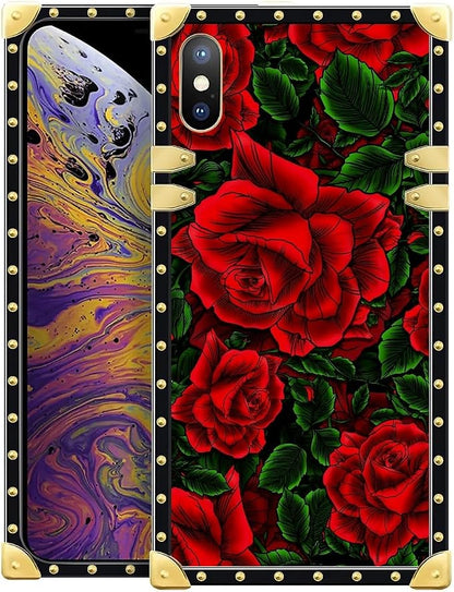 Compatible with iPhone XR Case, Vector Red Rose Green Leaf Luxury Golden by Unknown