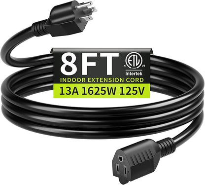 16/3 Black Extension Cord 8 FT, Indoor Extension Cord by Seeklyze