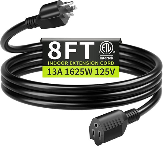 16/3 Black Extension Cord 8 FT, Indoor Extension Cord by Seeklyze