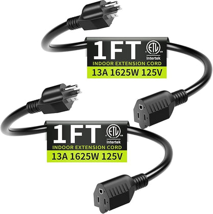 Short Extension Cord 1FT 2 Pack, 16 AWG Black Power Cord Indoor by Seeklyze