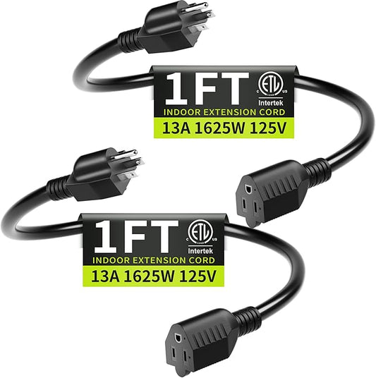 Short Extension Cord 1FT 2 Pack, 16 AWG Black Power Cord Indoor by Seeklyze