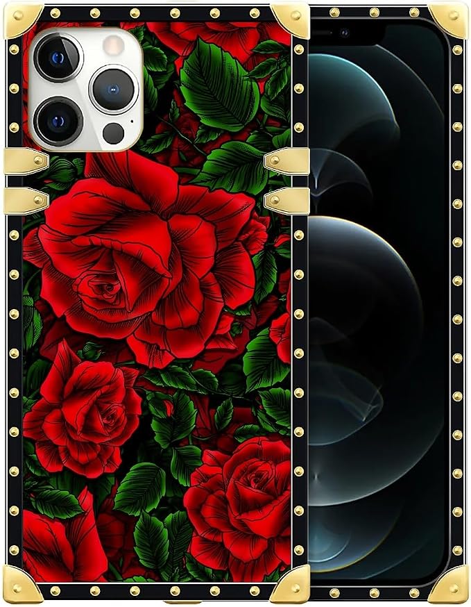 Compatible with iPhone 12 12 Pro Case, Vector Red Rose Green Leaf Luxury Golden by Unknown
