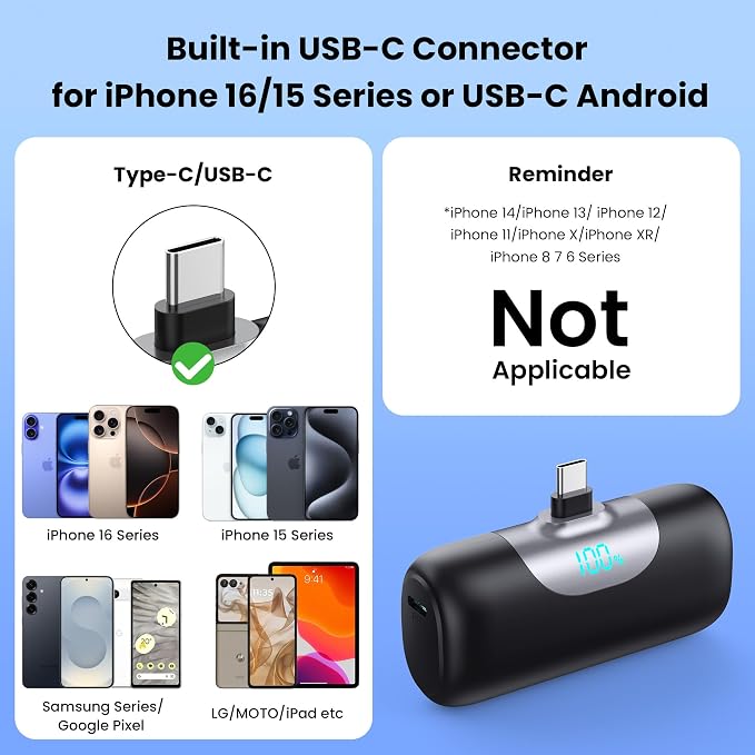 Mini Portable Charger for iPhone 17/16, 5500mAh LCD Display USB C Power Bank - Image 2