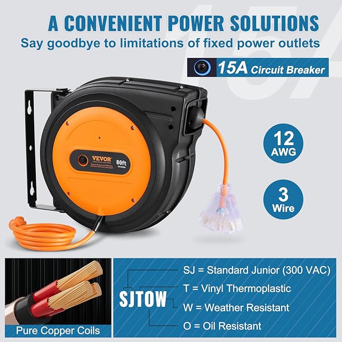 VEVOR Retractable Extension Cord Reel, 80 FT, Heavy Duty 12AWG/3C SJTOW - Image 4