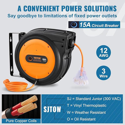 VEVOR Retractable Extension Cord Reel, 80 FT, Heavy Duty 12AWG/3C SJTOW - Image 4