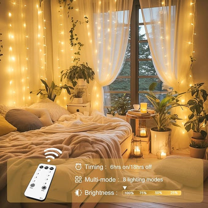 JMEXSUSS 300 LED Remote Control Curtain Lights, Plug in Fairy Curtain Lights - Image 2