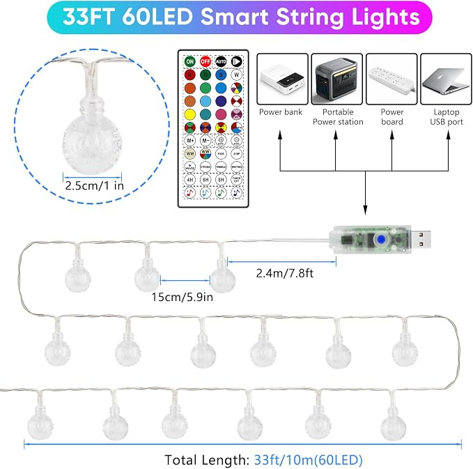OMIKA Color Changing String Lights USB Powered, 33FT 60LED APP Control Fairy - Image 6