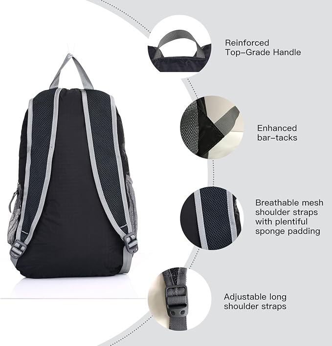 Outlander Packable Handy Lightweight Travel Hiking Backpack Daypack-Black-L - Image 4