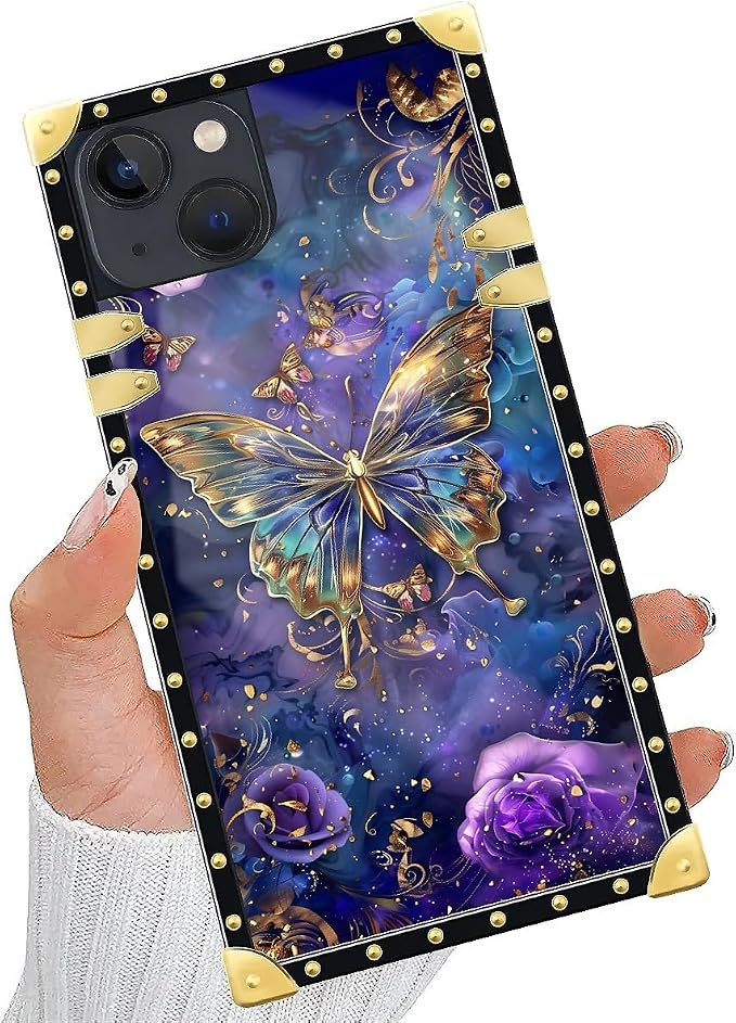 Compatible with iPhone 13 Case, Glistening Golden Butterfly Vibrant Purple Blue - Image 5