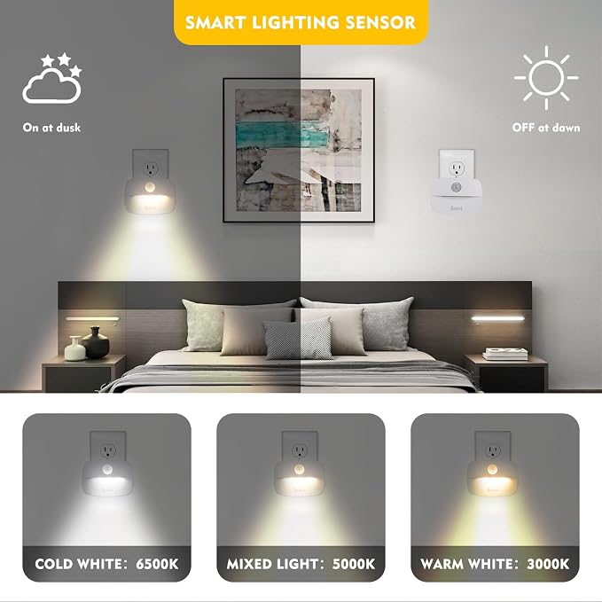 Sossi Motion Sensor Night Light Plug in 4 Pack, 10-60Lm Stepless Dimming - Image 3