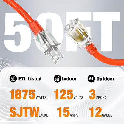 Outdoor Extension Cord 50 FT Waterproof, 12/3 Gauge Heavy Duty 3 Prong Power - Image 3