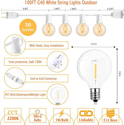 G40 LED Outdoor String Lights White 100FT Patio Lights - Image 8