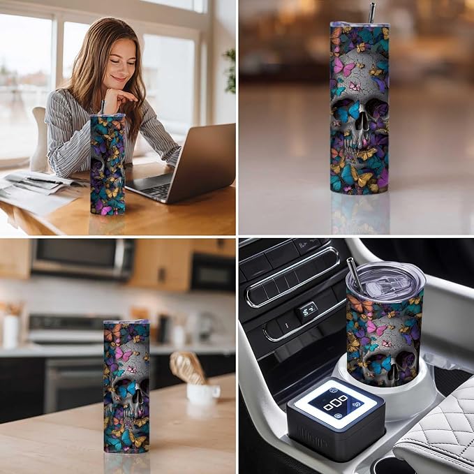 Firmiso 20 oz Tumbler｜Skinny Insulated Travel Mug｜Butterfly Skull Design - Image 3