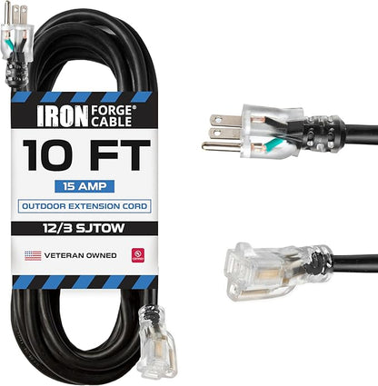 Iron Forge Cable 12 Gauge Outdoor Extension Cord 10 Ft, SJTOW 12/3 Heavy Duty by IronForgeCable