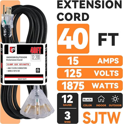 EP 40 Ft 12 Gauge Heavy Duty Extension Cord, 15A 125V 1875W, 3 Outlet - Image 2