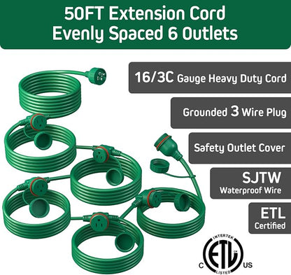 50FT Green Outdoor Extension Cord, Evenly Spaced 6 Outlets Plugs - Image 3