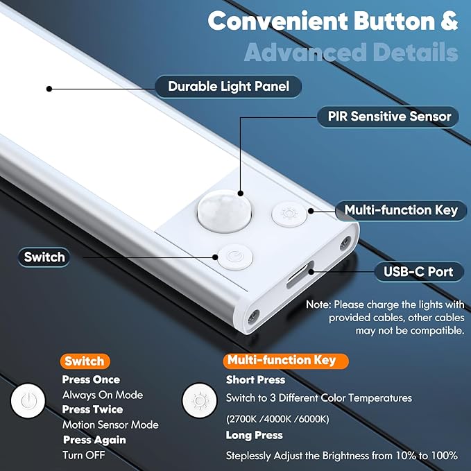 Motion Sensor Under Cabinet Lights, 2500mAh 12inch Battery Operated Wireless - Image 3
