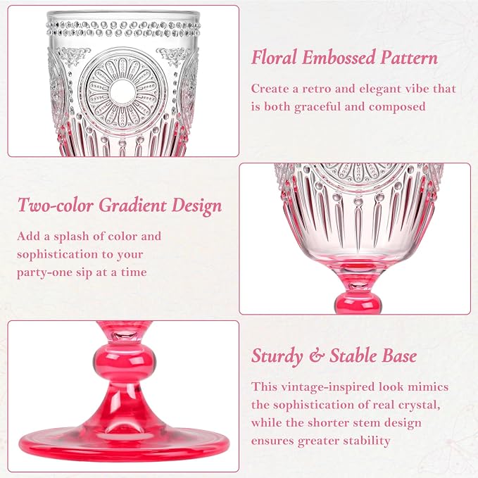 XUWAIDSGN 6Pcs Plastic Vintage Wine Glasses 13.5oz Reusable Embossed Goblet - Image 6