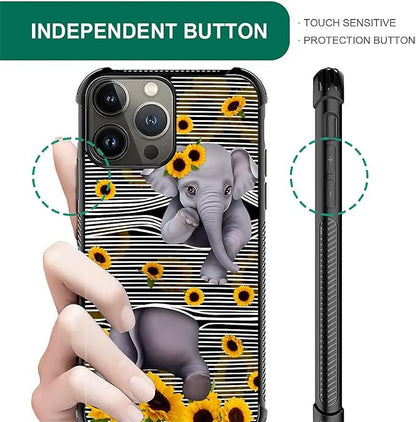 for iPhone 15 Pro Case, Cute Little Elephant Sunflower White Line Art Pattern - Image 5