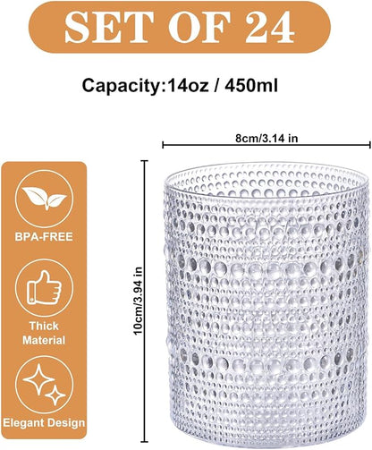 YOUBET 24PCS Plastic Hobnail Drinking Glasses - 14 Oz Clear Vintage Glasses - Image 2