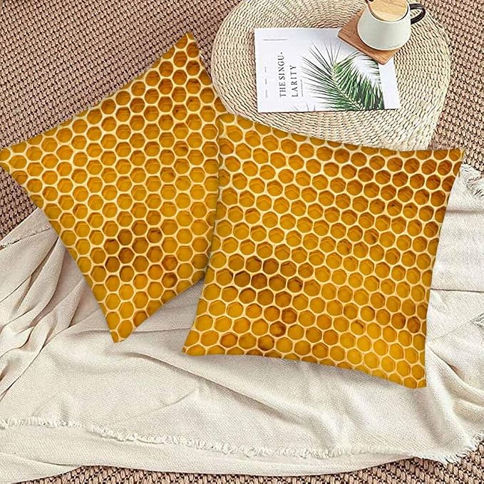 Bee Honeycomb Throw Pillow Covers 18x18 Yellow Honey Abstract Set of 2 Pillow - Image 3